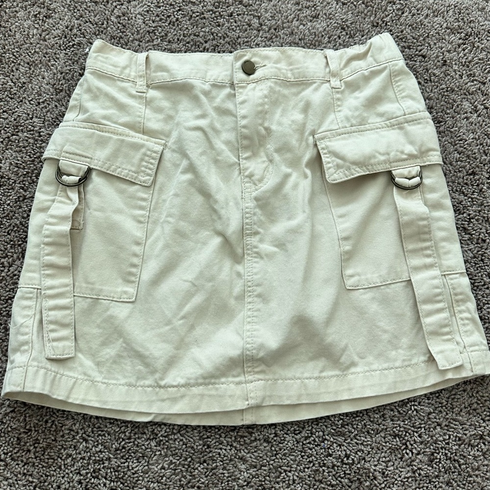 Cream Cargo Mini Skirt Utility Pocket Y2K Aesthetic Neutral Cotton Size L